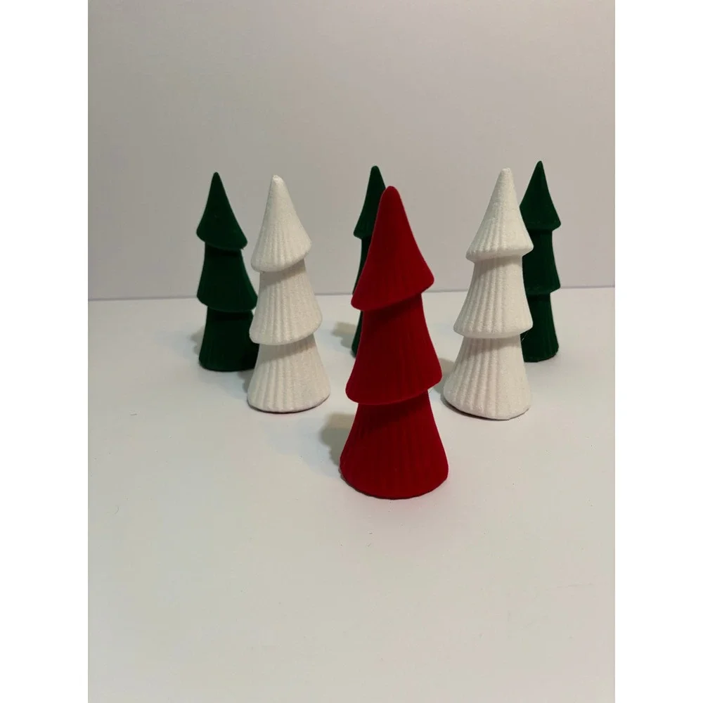 Set of 6 Flocked Xmas Trees Decorative Tabletop Holiday Decor Red White Green